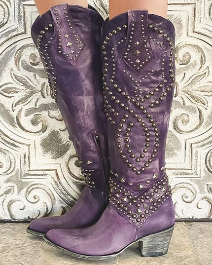 Women's Studded Western Knee-High Boots with Pointed Toe