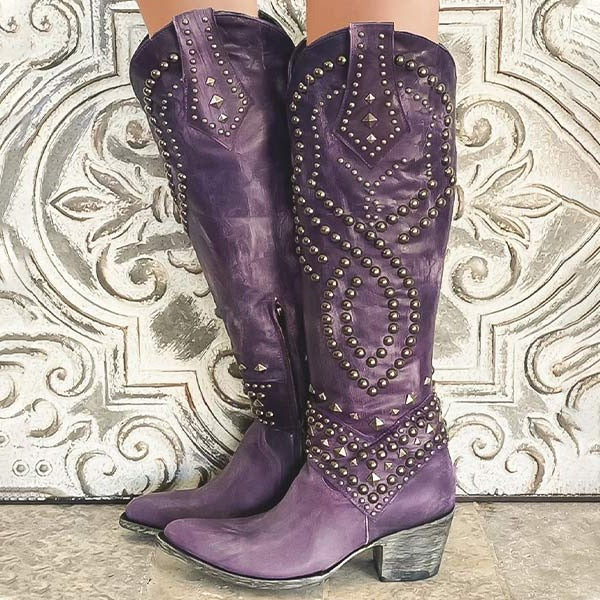Women's Studded Western Knee-High Boots with Pointed Toe