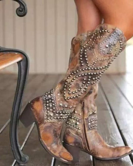 Women's Studded Western Knee-High Boots with Pointed Toe