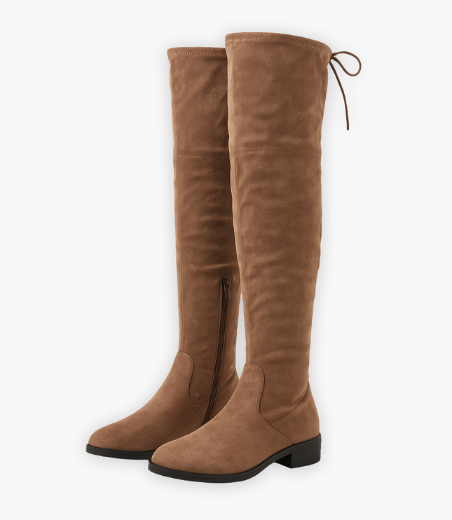 Women's Suede-Look Thigh-High Boots with Tie-Back Detail