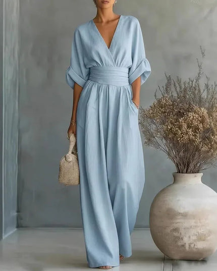 Women's Summer Jumpsuit with Wide Leg and Surplice V-Neck