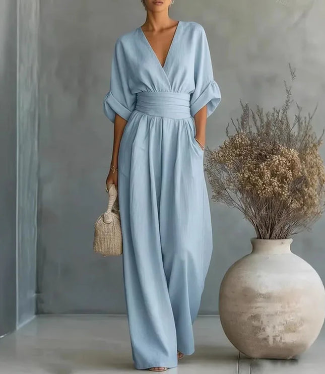 Women's Summer Jumpsuit with Wide Leg and Surplice V-Neck