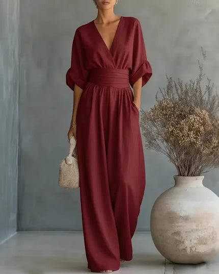 Women's Summer Jumpsuit with Wide Leg and Surplice V-Neck