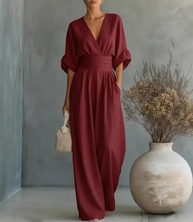 Women's Summer Jumpsuit with Wide Leg and Surplice V-Neck