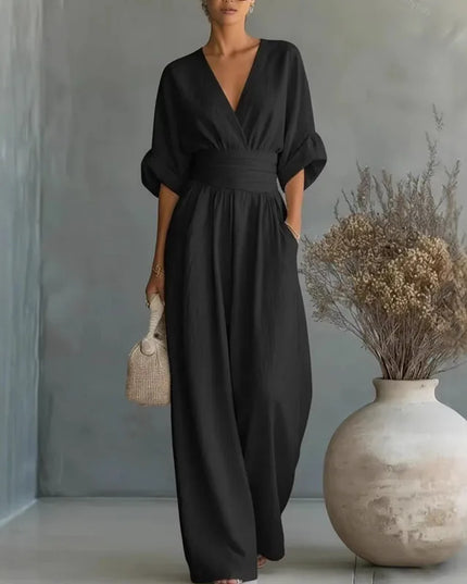 Women's Summer Jumpsuit with Wide Leg and Surplice V-Neck