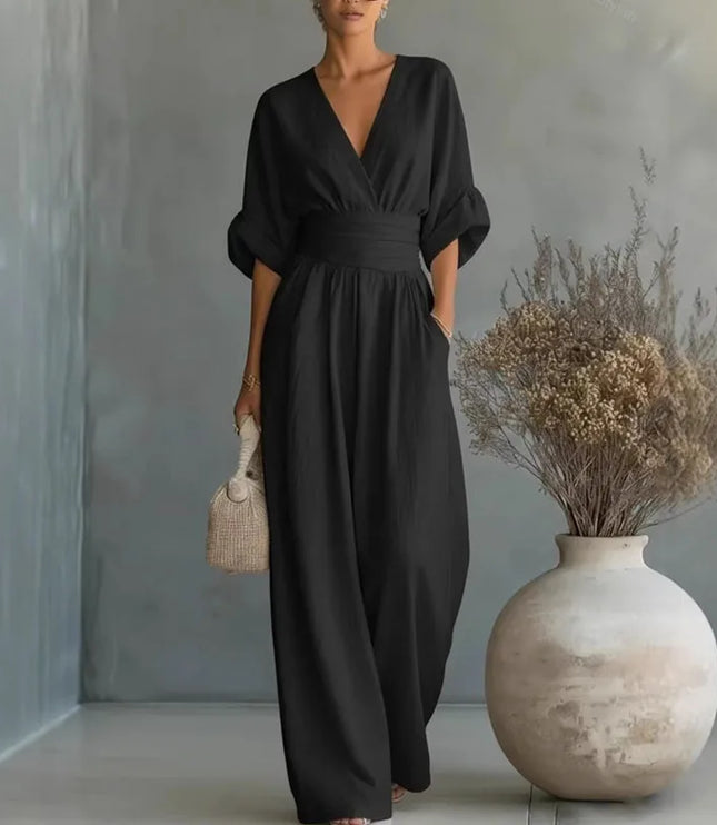Women's Summer Jumpsuit with Wide Leg and Surplice V-Neck