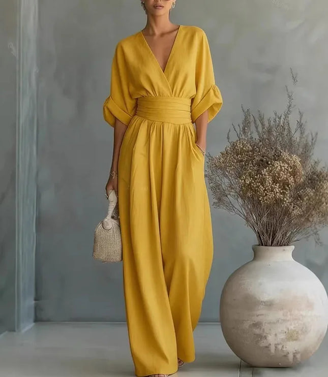 Women's Summer Jumpsuit with Wide Leg and Surplice V-Neck