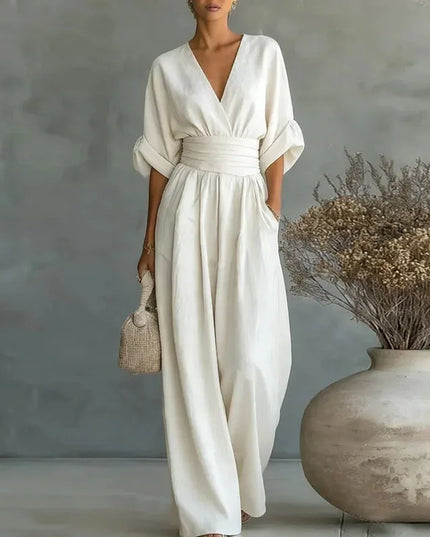 Women's Summer Jumpsuit with Wide Leg and Surplice V-Neck