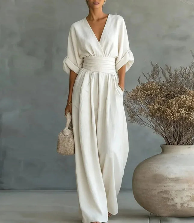 Women's Summer Jumpsuit with Wide Leg and Surplice V-Neck