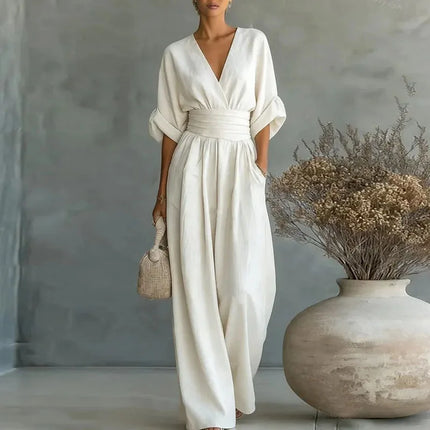 Women's Summer Jumpsuit with Wide Leg and Surplice V-Neck