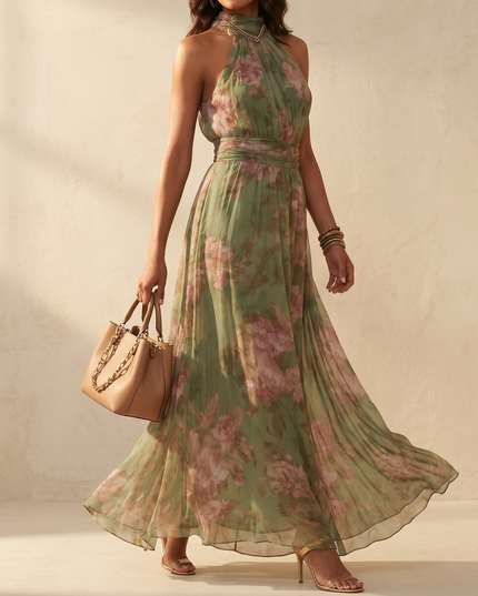 Women's Summer Maxi Dress in Floral with Halter Neck