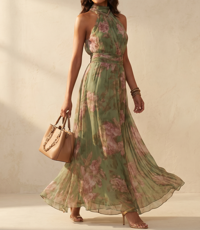 Women's Summer Maxi Dress in Floral with Halter Neck