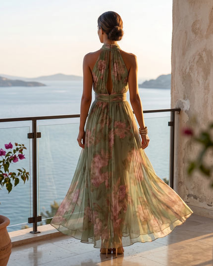 Women's Summer Maxi Dress in Floral with Halter Neck