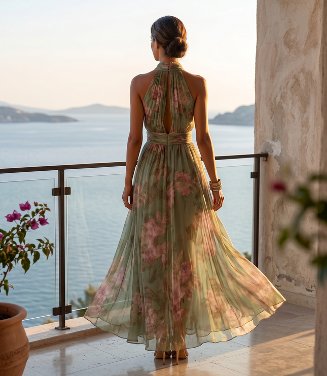 Women's Summer Maxi Dress in Floral with Halter Neck