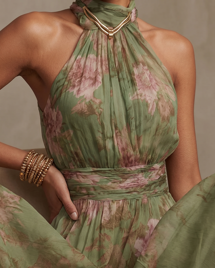 Women's Summer Maxi Dress in Floral with Halter Neck