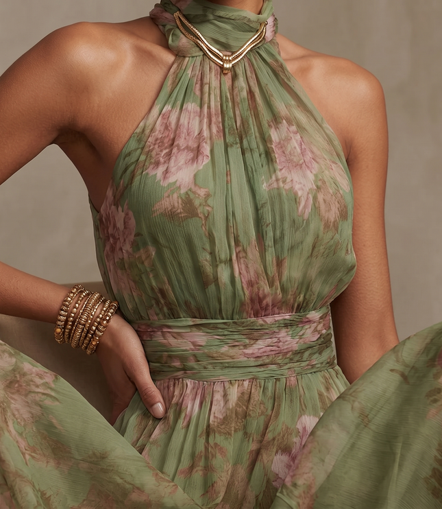 Women's Summer Maxi Dress in Floral with Halter Neck