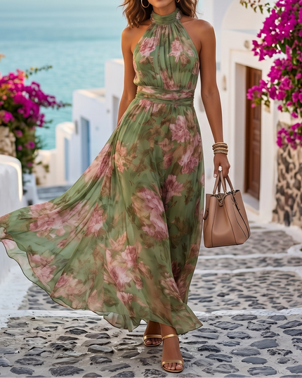Women's Summer Maxi Dress in Floral with Halter Neck