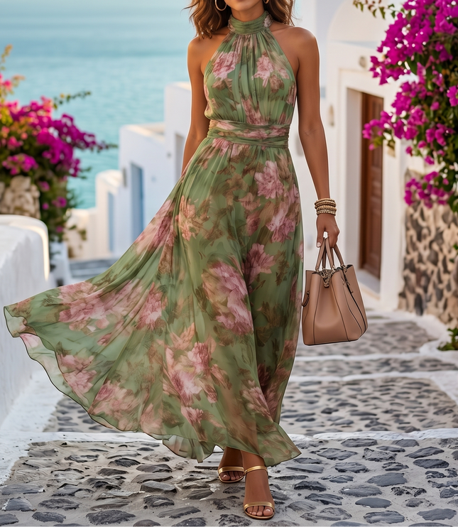 Women's Summer Maxi Dress in Floral with Halter Neck