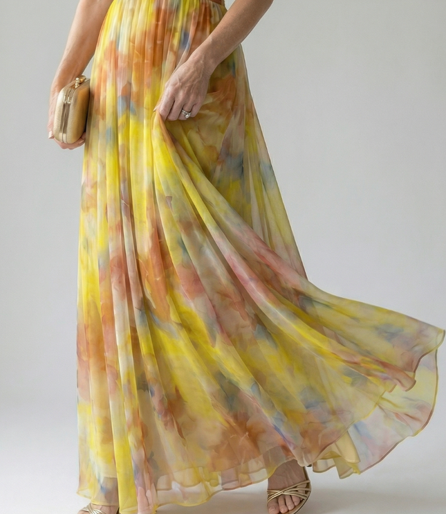Women's Summer Maxi Dress with Pleated Skirt and Tie Back