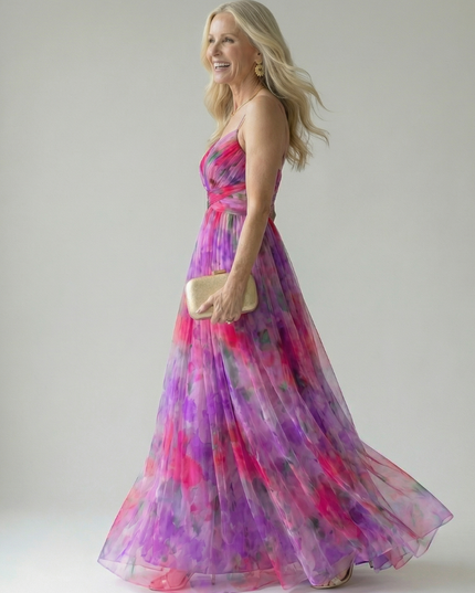Women's Summer Maxi Dress with Pleated Skirt and Tie Back