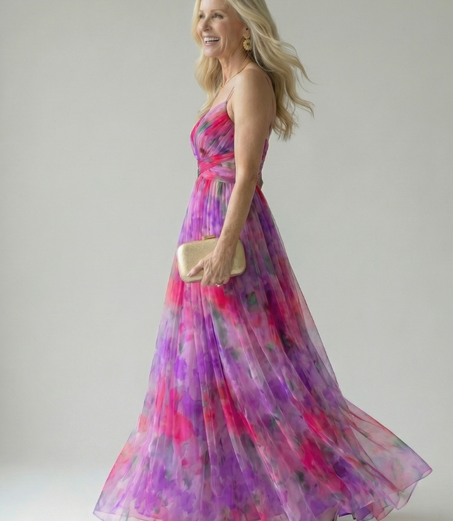 Women's Summer Maxi Dress with Pleated Skirt and Tie Back