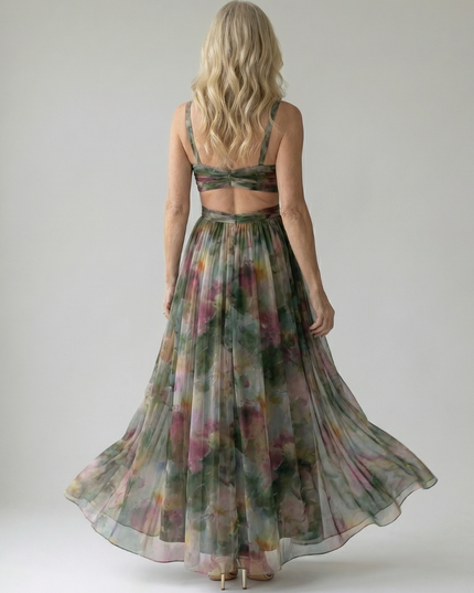 Women's Summer Maxi Dress with Pleated Skirt and Tie Back