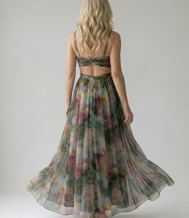 Women's Summer Maxi Dress with Pleated Skirt and Tie Back