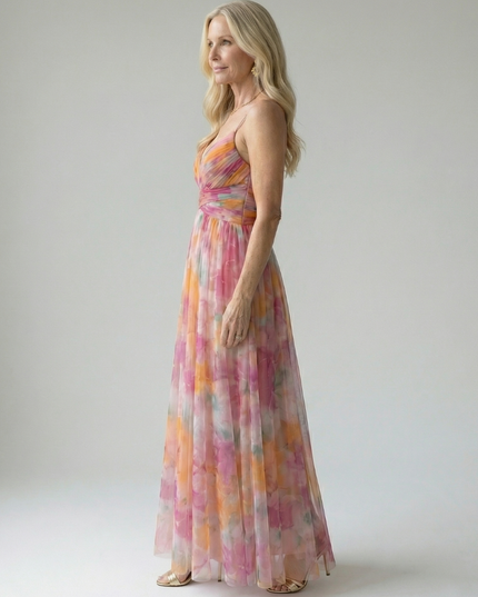 Women's Summer Maxi Dress with Pleated Skirt and Tie Back