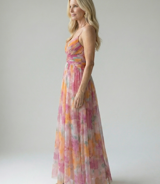 Women's Summer Maxi Dress with Pleated Skirt and Tie Back