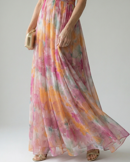 Women's Summer Maxi Dress with Pleated Skirt and Tie Back
