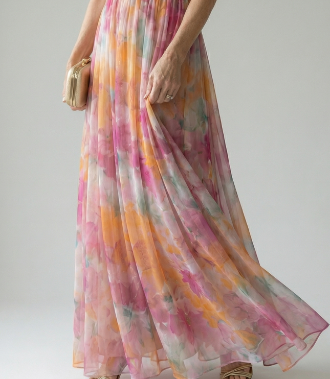 Women's Summer Maxi Dress with Pleated Skirt and Tie Back