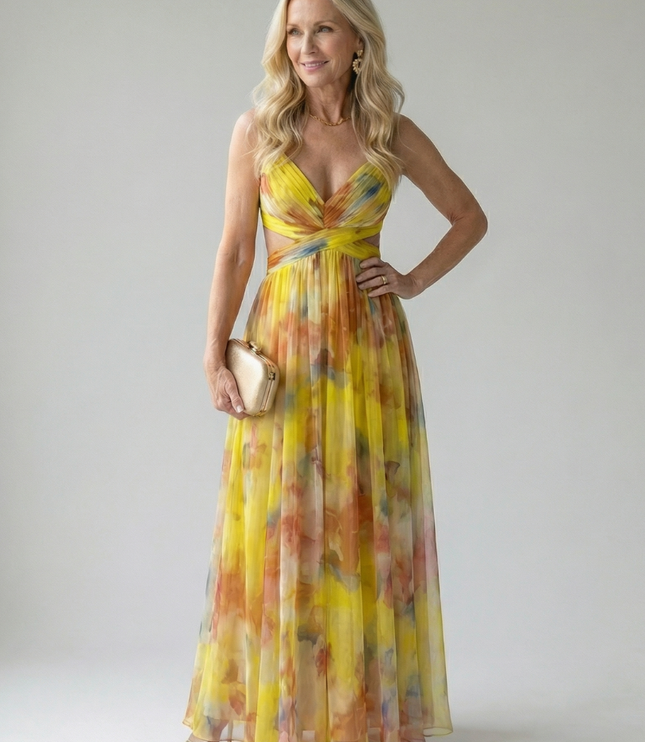 Women's Summer Maxi Dress with Pleated Skirt and Tie Back