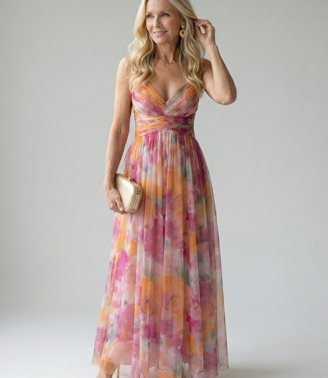 Women's Summer Maxi Dress with Pleated Skirt and Tie Back