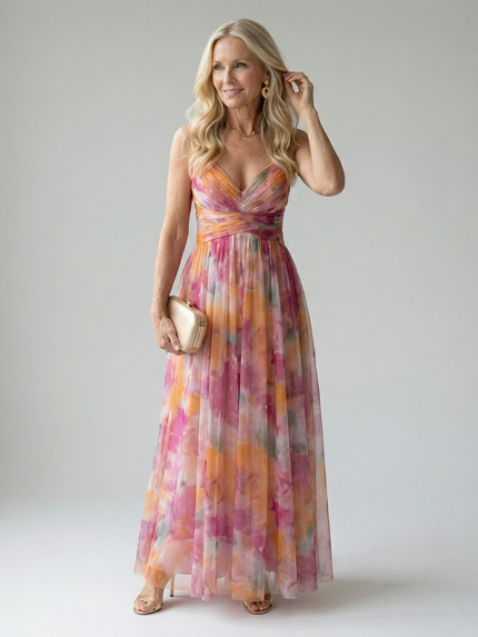 Women's Summer Maxi Dress with Pleated Skirt and Tie Back