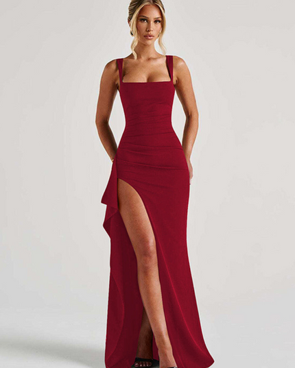 Women's Summer Maxi Dress with Ruched Waist and Side Split