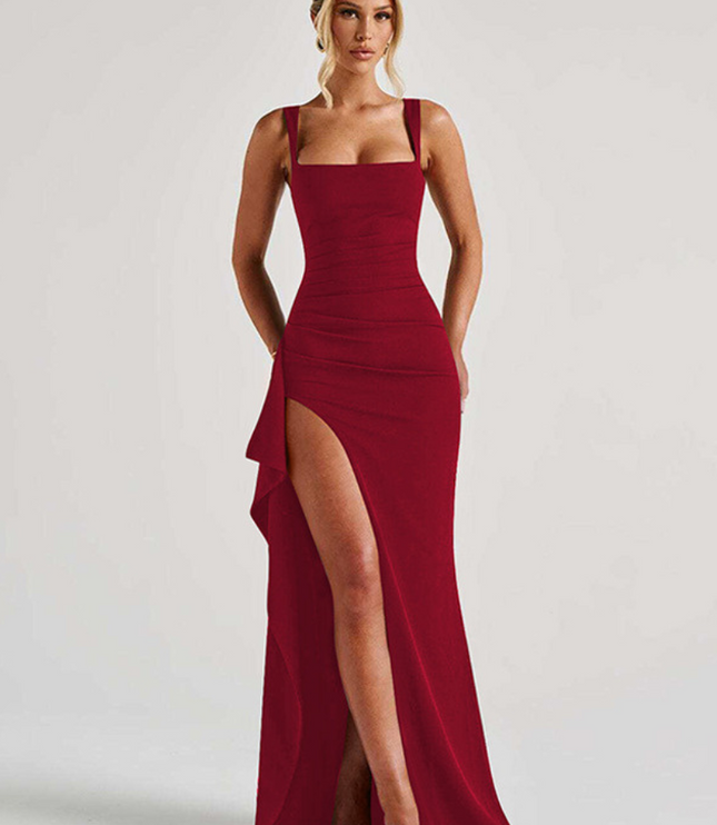 Women's Summer Maxi Dress with Ruched Waist and Side Split
