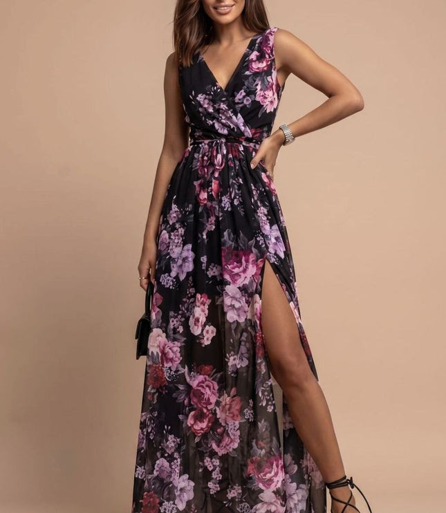 Women's Summer Maxi Dress with V-Neck and Side Split