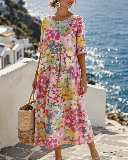 Women's Summer Midi Dress in Floral Print with Side Pockets