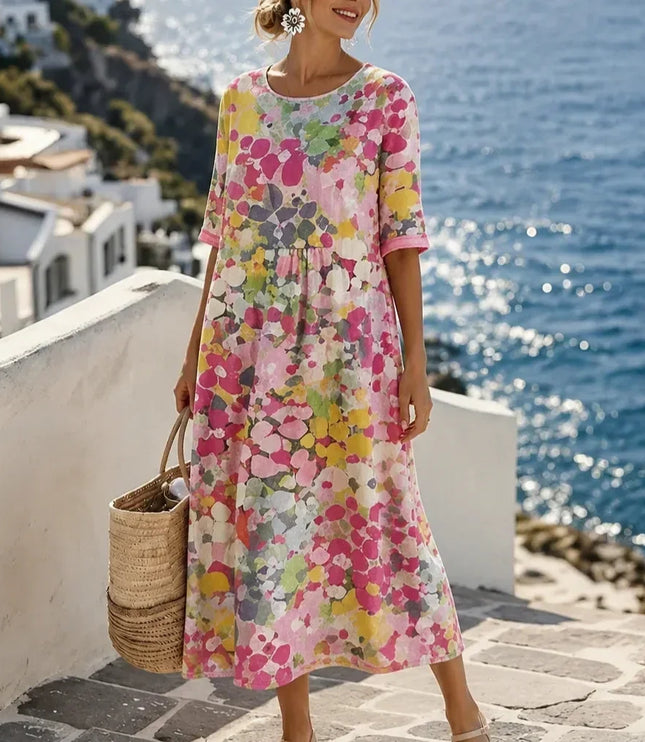 Women's Summer Midi Dress in Floral Print with Side Pockets