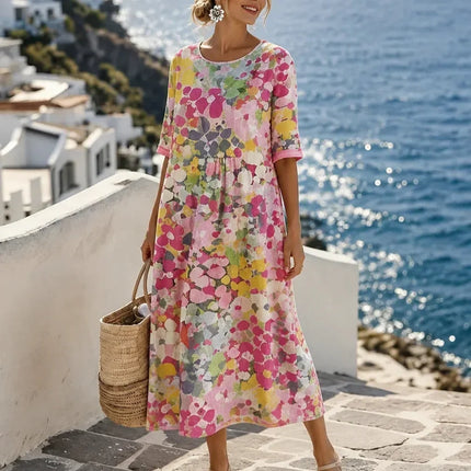 Women's Summer Midi Dress in Floral Print with Side Pockets