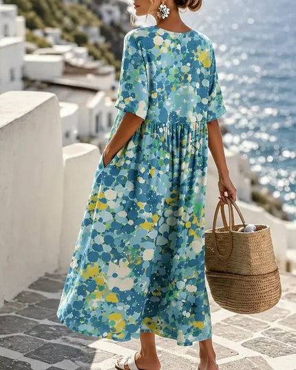 Women's Summer Midi Dress in Floral Print with Side Pockets