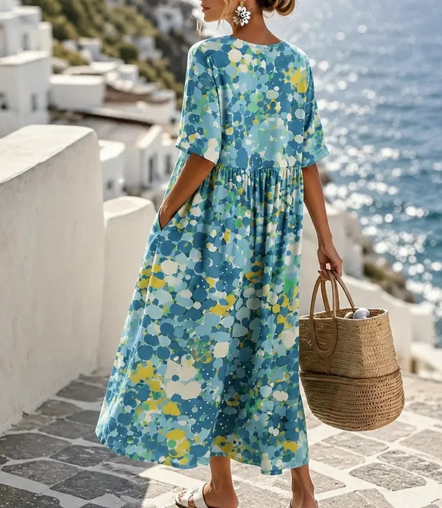 Women's Summer Midi Dress in Floral Print with Side Pockets