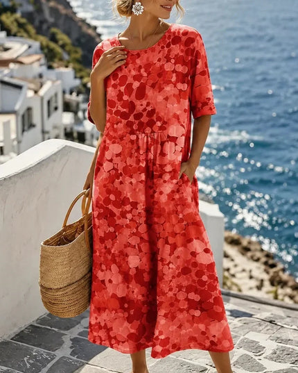 Women's Summer Midi Dress in Floral Print with Side Pockets