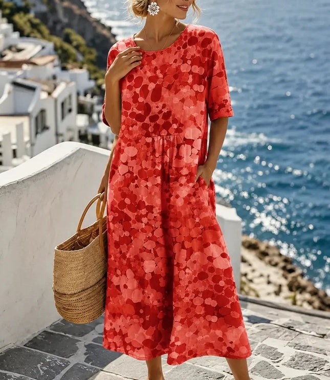 Women's Summer Midi Dress in Floral Print with Side Pockets