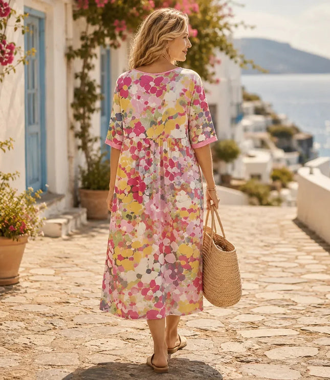Women's Summer Midi Dress in Floral Print with Side Pockets