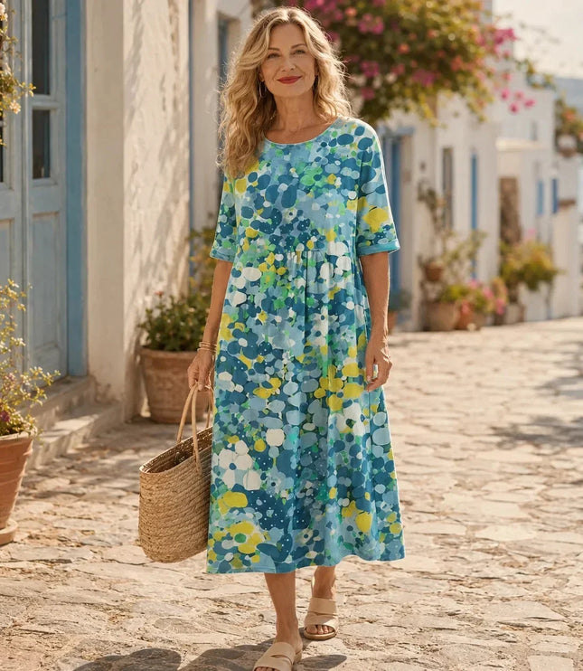 Women's Summer Midi Dress in Floral Print with Side Pockets