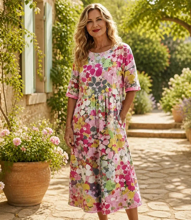 Women's Summer Midi Dress in Floral Print with Side Pockets