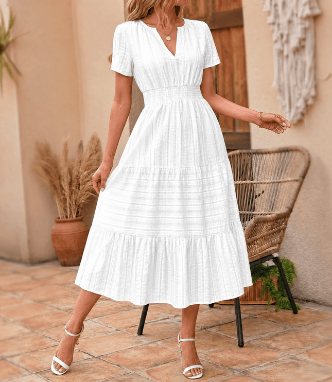 Women's Summer Midi Dress with Tiered Skirt and Pockets