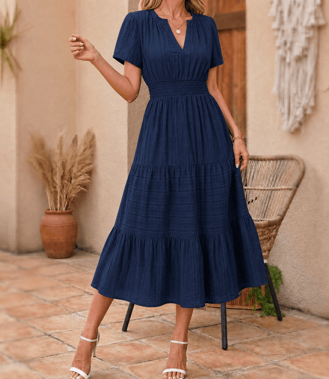 Women's Summer Midi Dress with Tiered Skirt and Pockets