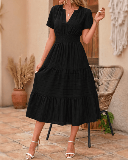 Women's Summer Midi Dress with Tiered Skirt and Pockets